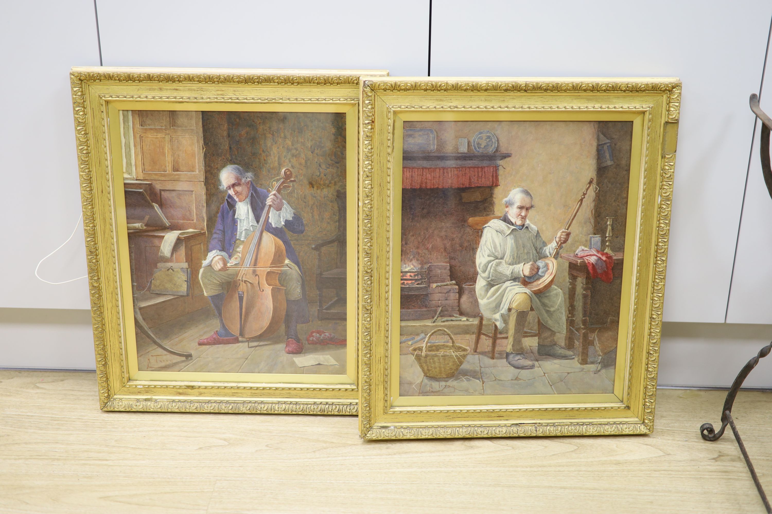 Henry Terry (1879-1920), pair of watercolours, Interiors with cellist and butler, signed, 44 x 35cm